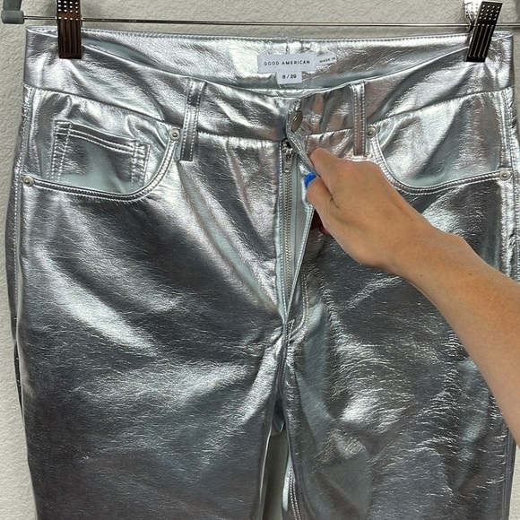 Good American Faux Leather Good Icon Straight Pants Silver Metallic Disco 8 29 - Picture 4 of 14